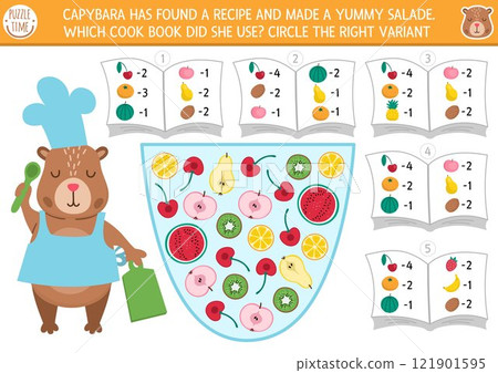 Capybara matching game with fruit salad recipe and cook books. Math and searching activity for preschool kids. Educational printable counting worksheet with cute capibara chef Capybara matching game with fruit salad recipe and cook books. Math and searching activity for preschool kids. Educational printable counting worksheet with cute capibara chef 121901595