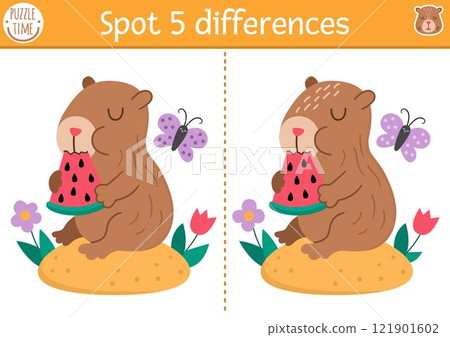 Find differences game for children. Capybara educational activity with cute animal eating watermelon. Puzzle for kids with capibara. Printable worksheet or page for logic, attention Find differences game for children. Capybara educational activity with cute animal eating watermelon. Puzzle for kids with capibara. Printable worksheet or page for logic, attention 121901602