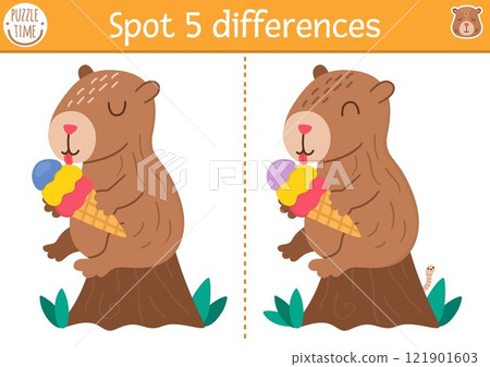 Find differences game for children. Capybara educational activity with cute animal sitting on stump, eating ice-cream. Puzzle for kids with capibara. Printable worksheet, page for logic, attention Find differences game for children. Capybara educational activity with cute animal sitting on stump, eating ice-cream. Puzzle for kids with capibara. Printable worksheet, page for logic, attention 121901603