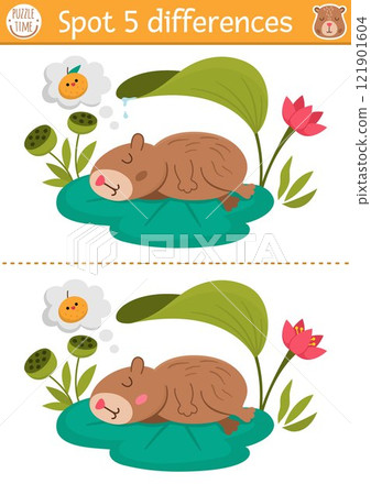 Find differences game for children. Capybara educational activity with cute animal sitting on water lily pad. Puzzle for kids with capibara. Printable worksheet or page for logic, attention 121901604