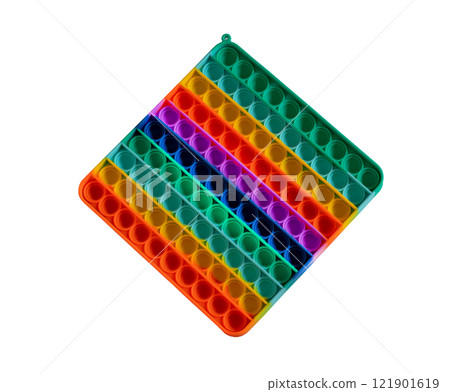 Big popit isolated on white background. Bright silicone striped toy big Pop It closeup. Popit for kids pressing the bubbles with his fingers, top view. New antistress toy for children and adult. Big popit isolated on white background. Bright silicone striped toy big Pop It closeup. Popit for kids pressing the bubbles with his fingers, top view. New antistress toy for children and adult. 121901619