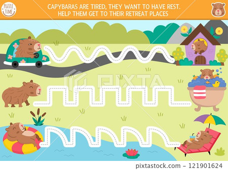 Vector handwriting practice worksheet with capybaras. Printable activity for preschool kids with cute animals. Tracing game for writing skills. Help capibaras get to bath, house, sun lounger Vector handwriting practice worksheet with capybaras. Printable activity for preschool kids with cute animals. Tracing game for writing skills. Help capibaras get to bath, house, sun lounger 121901624