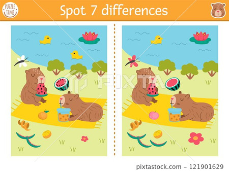 Find differences game for children. Capybara educational activity with cute animal having picknick near the pond. Puzzle for kids with capibara. Printable worksheet or page for logic, attention 121901629
