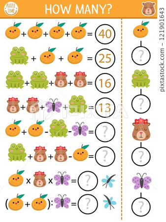 How many capybaras game, equation or rebus. Capibara math activity for school children. Simple printable counting worksheet for kids with cute animal, butterfly, frog, tangerine 121901643