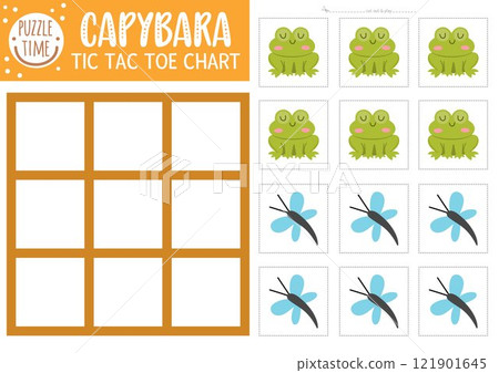 Vector capybara tic tac toe chart with cute animal, frog, dragonfly. Capibara board game playing field with cute characters. Funny printable worksheet. Noughts and crosses grid 121901645