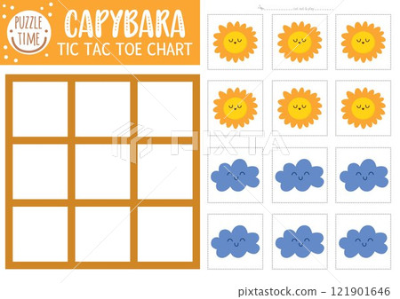 Vector capybara tic tac toe chart with cute kawaii sun and cloud. Capibara board game playing field with cute characters. Funny printable worksheet. Noughts and crosses grid 121901646