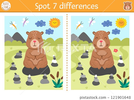 Find differences game for children. Capybara educational activity with cute animal meditating in stone garden. Puzzle for kids with capibara. Printable worksheet or page for logic, attention 121901648