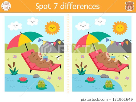 Find differences game for children. Capybara educational activity with cute animal sunbathing in sun lounger near pond. Puzzle for kids with capibara. Printable worksheet, page for logic, attention 121901649