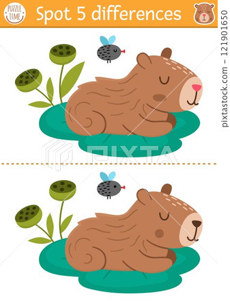 Find differences game for children. Capybara educational activity with cute animal sitting on water lily pad. Puzzle for kids with capibara. Printable worksheet or page for logic, attention 121901650