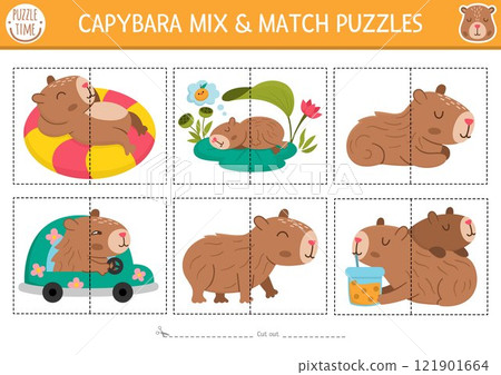 Vector capybara mix and match puzzle. Matching capibara activity for preschool kids. Educational printable game with cute animals, driving car, sleeping, drinking tea, meditating Vector capybara mix and match puzzle. Matching capibara activity for preschool kids. Educational printable game with cute animals, driving car, sleeping, drinking tea, meditating 121901664