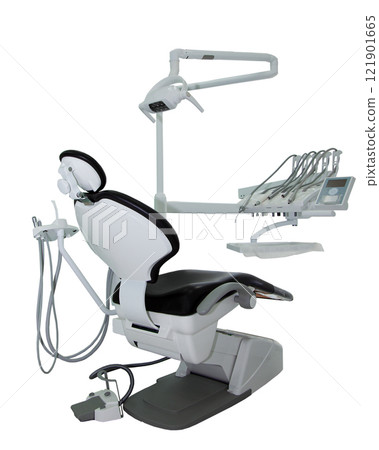 Dentist chair isolated on white background. Orthodontist's workplace for dental treatment. Apparatus for the doctor's office. Black and white dentist chair Dentist chair isolated on white background. Orthodontist's workplace for dental treatment. Apparatus for the doctor's office. Black and white dentist chair 121901665