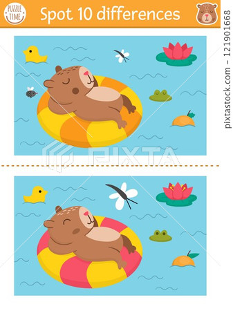 Find differences game for children. Capybara educational activity with cute animal swimming on floatie in pond. Puzzle for kids with capibara. Printable worksheet or page for logic, attention 121901668