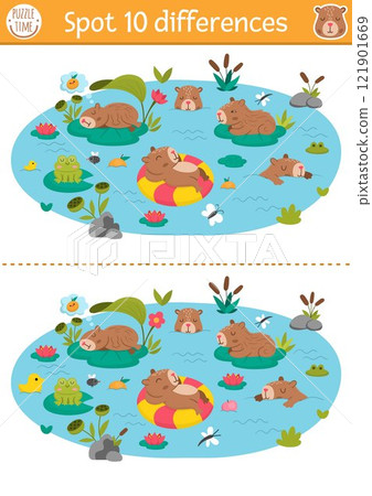 Find differences game for children. Capybara educational activity with cute animals swimming, having fun in pond. Puzzle for kids with capibara. Printable worksheet or page for logic, attention 121901669