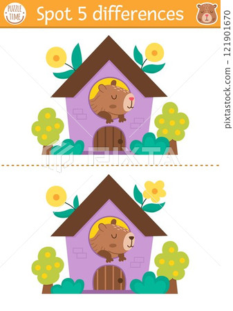 Find differences game for children. Capybara educational activity with cute animal in the purple house. Puzzle for kids with capibara. Printable worksheet or page for logic, attention 121901670