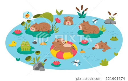 Vector capybara landscape illustration. Cute horizontal scenery with capibaras swimming in lake or pond with frog, water lily, reeds. Funny scene with adorable animal. Summer background for kids Vector capybara landscape illustration. Cute horizontal scenery with capibaras swimming in lake or pond with frog, water lily, reeds. Funny scene with adorable animal. Summer background for kids 121901674
