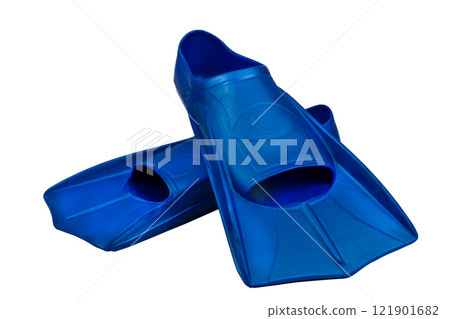 Fins are isolated on a white background. Flippers. Open toe and closed heel for professional swimming and training. Shortened blue flippers Fins are isolated on a white background. Flippers. Open toe and closed heel for professional swimming and training. Shortened blue flippers 121901682