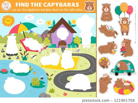 Vector capybara cut and glue activity. Crafting game with summer village landscape, cute animals. Fun printable worksheet for children. Find the right piece of the puzzle. Complete the picture 121901708