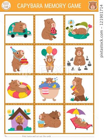 Vector capybara memory game cards with cute animals sleeping, meditating, relaxing. Capibara matching activity. Remember and find correct card. Simple printable worksheet for kids 121901714