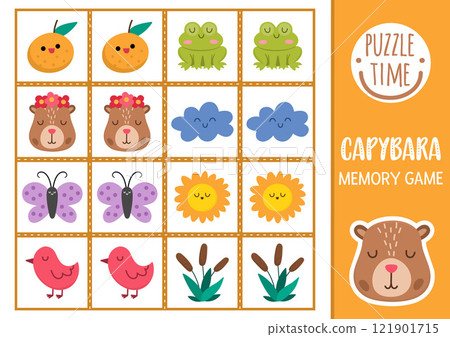 Vector capybara memory game cards with cute animals, frog, butterfly, reeds, bird, tangerine. Capibara matching activity. Remember and find correct card. Simple printable worksheet for kids 121901715