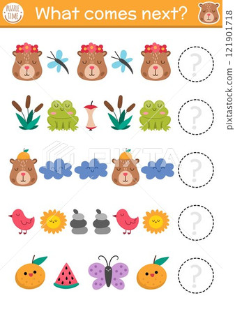 What comes next. Capybara logical activity for preschool children with cute animals, frog, butterfly, reeds, bird, tangerine. Capibara logic succession worksheet. Continue the row game What comes next. Capybara logical activity for preschool children with cute animals, frog, butterfly, reeds, bird, tangerine. Capibara logic succession worksheet. Continue the row game 121901718