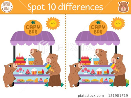 Find differences game for children. Capybara educational activity with cute animal eating and drinking in dessert cart. Puzzle for kids with capibara. Printable worksheet or page for logic, attention 121901719