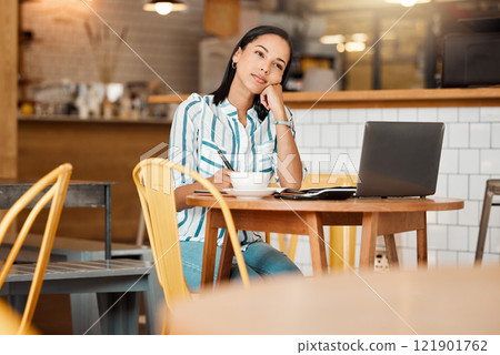 Thinking, wondering and thoughtful female entrepreneur working in a coffee shop planning a mission or vision. Young woman doing remote work in a cafe looking into the distance while writing 121901762