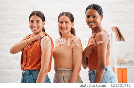 Vaccination, covid and friends take injection portrait together. Happy, smiling and cheerful teens gesture they have protection from illness. Free clinic or healthcare services for young people. 121901782