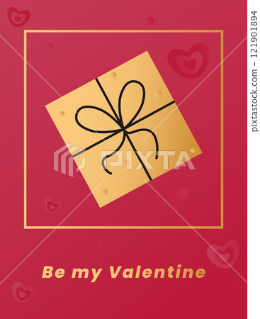 Valentine card with a gift box and the inscription Be my Valentine. Poster on the theme of Valentines Day. Vector illustration on a red background with hearts. 121901894