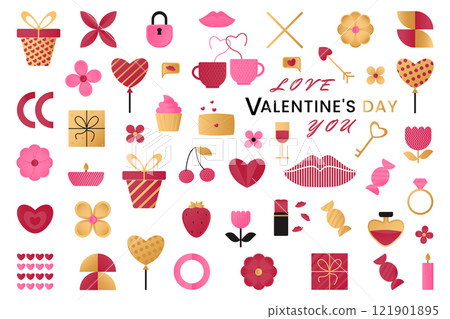 Set of elements with romantic symbols - figures of hearts, sweets, gifts, candles, balloons, lock and key, lipstick, air kisses in geometric style. Illustrations for For Valentine's day, Birthday. 121901895