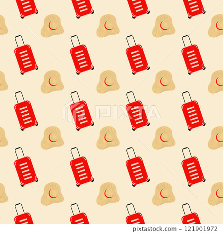 Summer brim hat and Travel suitcase on wheels with handle Seamless Pattern. Summertime backdrop idea Summer brim hat and Travel suitcase on wheels with handle Seamless Pattern. Summertime backdrop idea 121901972