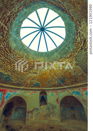 Ancient ruins of Pompei city, Naples, Italy. Pompei is ancient Roman city destroyed from eruption of Mount Vesuvius in 1st century, Naples, Italy 121901990