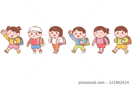 6個男孩和女孩背著書包 6個男孩和女孩背著書包 121902014