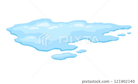 Water spill puddle. Blue liquid shape in flat cartoon style. Clean fluid drop design element isolated on white background 121902140