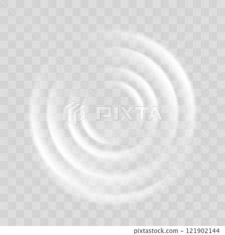 Water ripple effect top view. Realistic caustic drop or sound wave splash effect, concentric circles in puddle. Vector round wave surface on transparent background 121902144