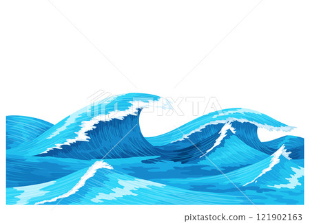 Ocean waves, splash water, marine sea storm element. Blue sea or ocean wave with spray, foam on crest. Vector illustration Ocean waves, splash water, marine sea storm element. Blue sea or ocean wave with spray, foam on crest. Vector illustration 121902163