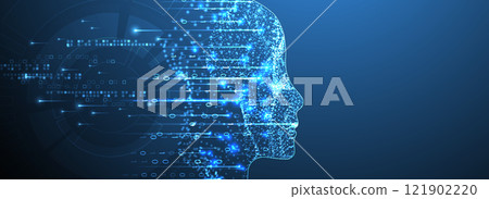 Artificial Intelligence. Technical background with a silhouette of a man. Big data concept. Machine cyber mind. Artificial Intelligence. Technical background with a silhouette of a man. Big data concept. Machine cyber mind. 121902220