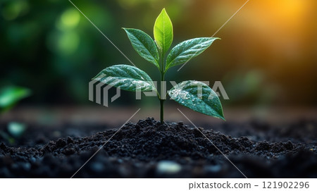 Small tree, tree sprout in the ground growing in the sunlight in the garden. eco concept Small tree, tree sprout in the ground growing in the sunlight in the garden. eco concept 121902296