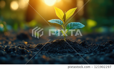 Small tree, tree sprout in the ground growing in the sunlight in the garden. eco concept 121902297
