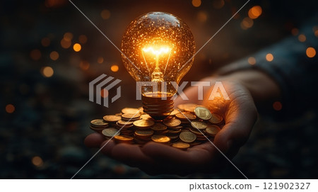 A hand holding a glowing light bulb representing an idea, illuminating a path leading to a mountain of coins, symbolizing financial success and wealth. A hand holding a glowing light bulb representing an idea, illuminating a path leading to a mountain of coins, symbolizing financial success and wealth. 121902327
