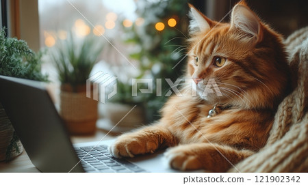 A cat sits at her laptop while her owner is not home. 121902342