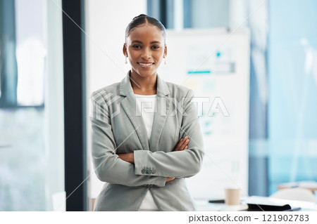 Proud, formal corporate businesswoman with arms crossed showing professional leadership, in marketing strategy presentation. Smiling employee standing in company boardroom for business meeting Proud, formal corporate businesswoman with arms crossed showing professional leadership, in marketing strategy presentation. Smiling employee standing in company boardroom for business meeting 121902783