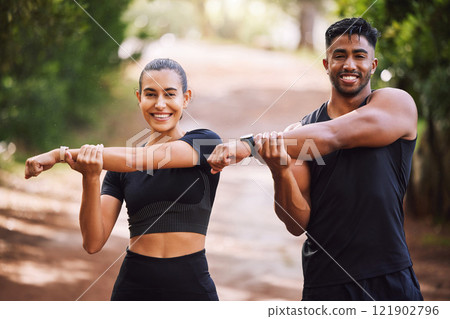 Fit, active and athletic couple stretching, getting ready and preparing for workout, exercise and training. Portrait of smiling, sporty and healthy man and woman in nature park, forest and garden Fit, active and athletic couple stretching, getting ready and preparing for workout, exercise and training. Portrait of smiling, sporty and healthy man and woman in nature park, forest and garden 121902796
