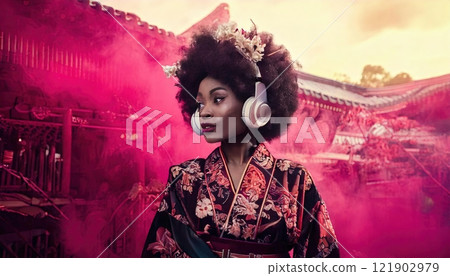 Young black woman wearing headphones and kimono listening music in a red smoke. 121902979