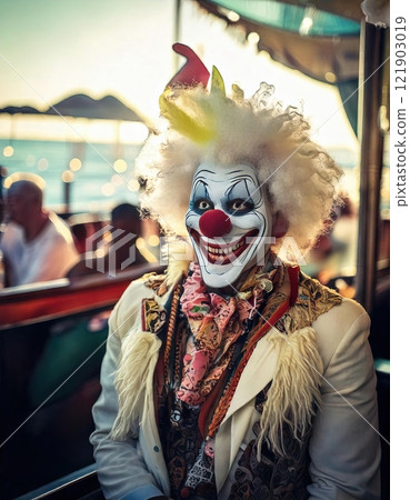 Scary clown wearing white jacket and colorful scarf sitting on boat. 121903019