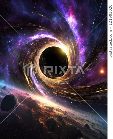 Swirling vortex of supermassive black hole bending spacetime near alien planet. 121903020