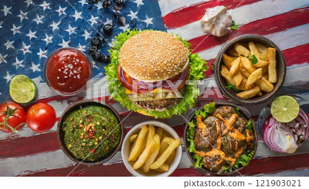 American flag providing backdrop for delicious hamburger, french fries, grilled meat and various condiments 121903021