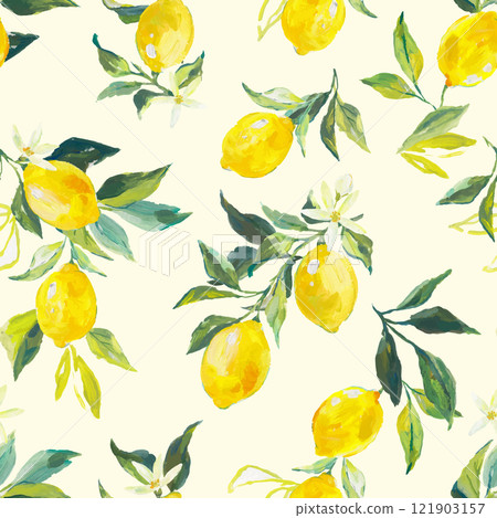 Beautiful vector seamless pattern with watercolor fresh lemons with leaves and flowers in sunny Mediterranean style. Ready summer print design for wallpapers, wrappings, textile. 121903157