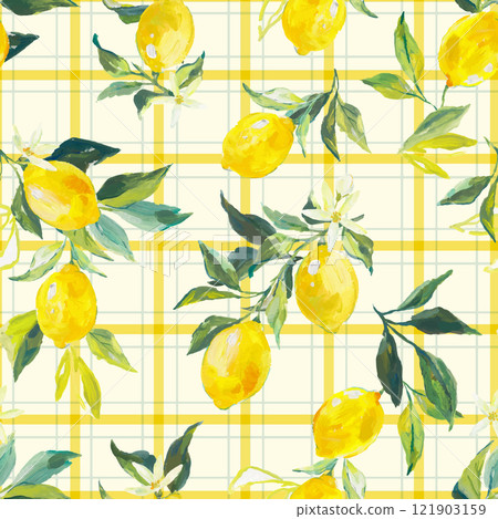 Beautiful vector seamless pattern with watercolor fresh lemons with leaves and flowers in sunny Mediterranean style. Ready summer print design for wallpapers, wrappings, textile. Beautiful vector seamless pattern with watercolor fresh lemons with leaves and flowers in sunny Mediterranean style. Ready summer print design for wallpapers, wrappings, textile. 121903159