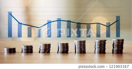Stock market or economic growth, inflation line bar graph and financial governance or compliance with money coins on business table. Increase in cost and prices due to forex and currency exchange. 121903167