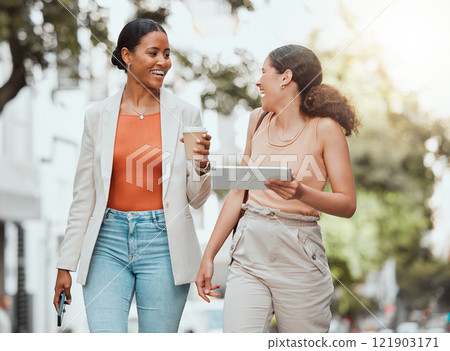 Friends walking and talking on university campus, having fun and laughing in the city. Carefree, happy and cheerful young female college students enjoying outdoor meeting, having takeout coffee. 121903171